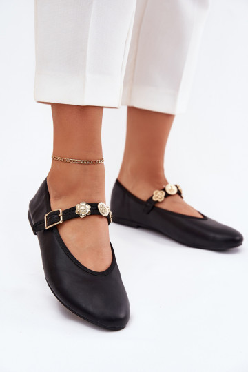 Balerínky Dámske s popruhmi I zlatej farbymi Przypinkami čierna Firicene