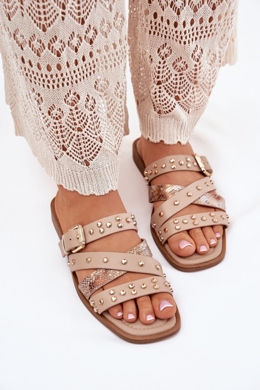 Zdobené Dámske papuče so širokými podpätkami S pruhmi I s prackami béžová Mánitte Zdobené Dámske papuče so širokými podpätkami S pruhmi I s prackami béžová Mánitte