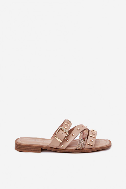 Zdobené Dámske papuče so širokými podpätkami S pruhmi I s prackami béžová Mánitte Zdobené Dámske papuče so širokými podpätkami S pruhmi I s prackami béžová Mánitte
