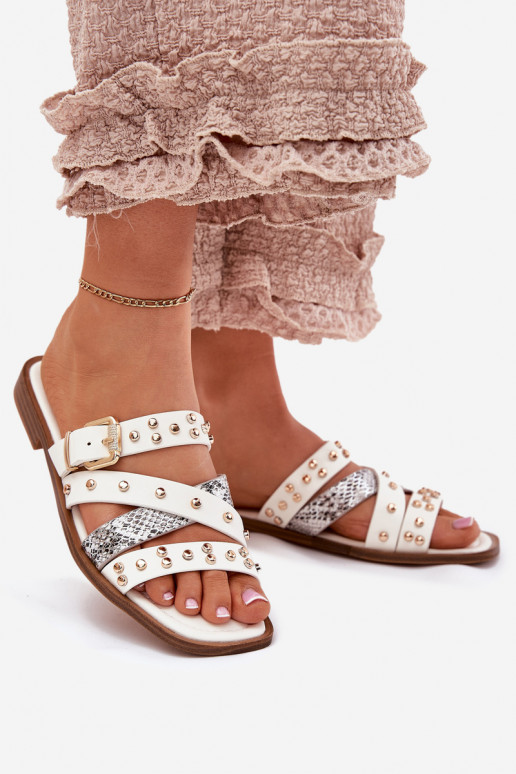 Zdobené Dámske papuče so širokými podpätkami S pruhmi I s prackami biela farba Mánitte Zdobené Dámske papuče so širokými podpätkami S pruhmi I s prackami biela farba Mánitte