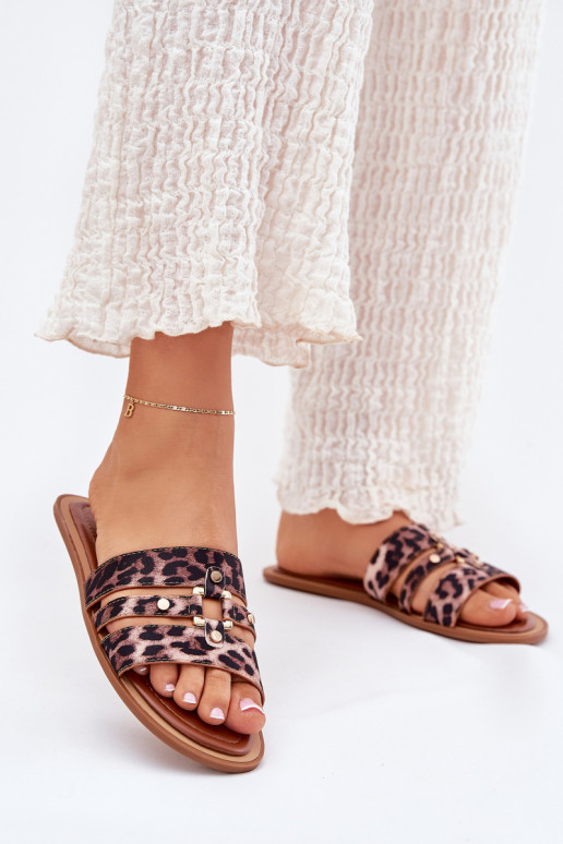 rovná sa Dámske papuče Ze zlatej farbym Detalem so vzormi leopardej kožušiny Noroti