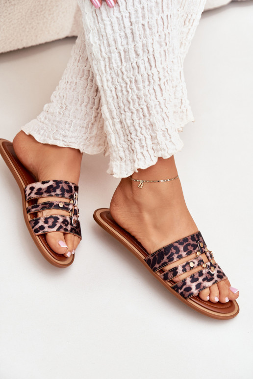 rovná sa Dámske papuče Ze zlatej farbym Detalem so vzormi leopardej kožušiny Noroti