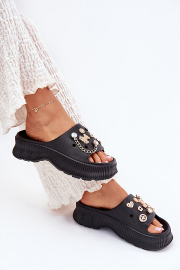 Ľahké papuče Dámske papuče Ze zlatej farbymi Przypinkami čierna Hortiana