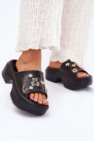 Ľahké papuče Dámske papuče s platformou Ze zlatej farbymi Przypinkami čierna Ivoriel