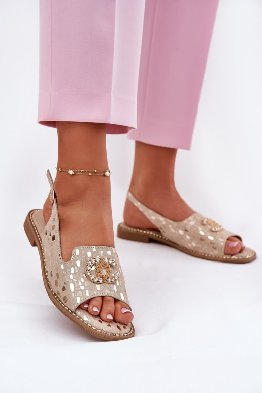 Dámske sandále s ozdobami so širokými podpätkami S.Barski KV51-096 zlatej farby
