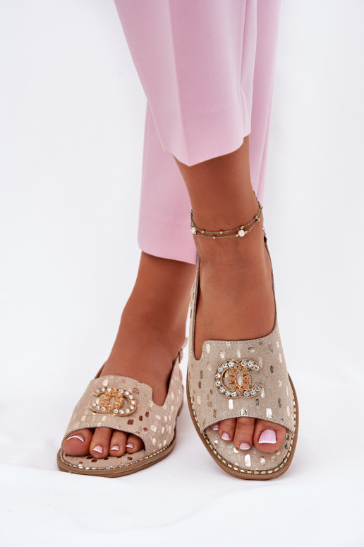 Dámske sandále s ozdobami so širokými podpätkami S.Barski KV51-096 zlatej farby