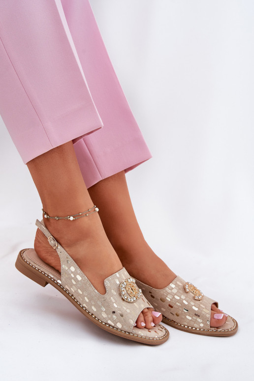 Dámske sandále s ozdobami so širokými podpätkami S.Barski KV51-096 zlatej farby