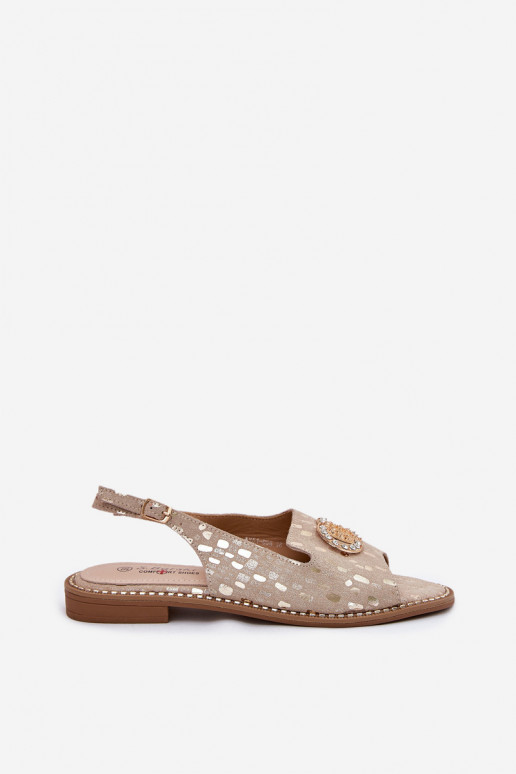 Dámske sandále s ozdobami so širokými podpätkami S.Barski KV51-096 zlatej farby