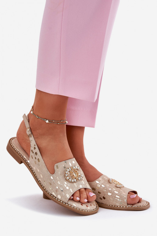 Dámske sandále s ozdobami so širokými podpätkami S.Barski KV51-096 zlatej farby