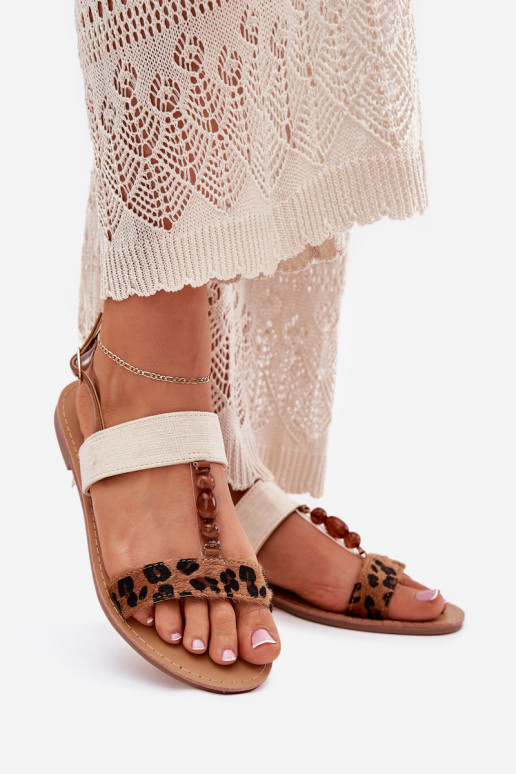 Sandále pre ženy s korálkami so vzormi leopardej kožušiny Hnedá farba Virona