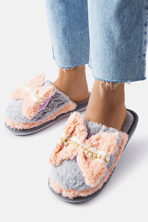 Šedé a ružové papuče s mašľou