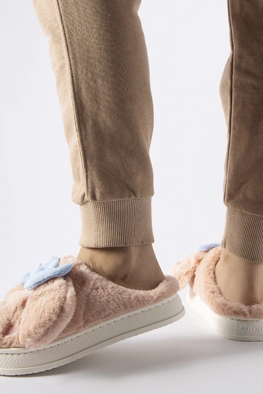 Ružové teplé papuče s ušami a mašľou...