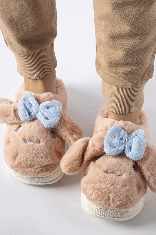 Ružové teplé papuče s ušami a mašľou...