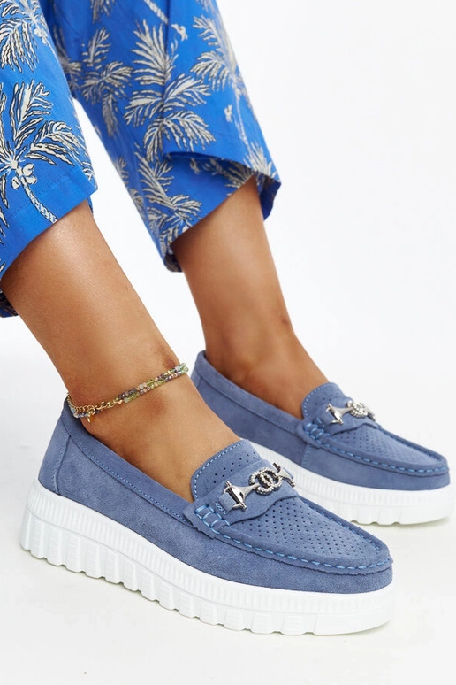 Modré kožené poltopánky s ozdobnou...