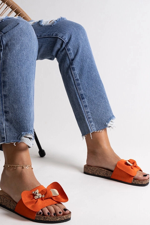 Oranžové šľapky s mašľou a plyšovým...