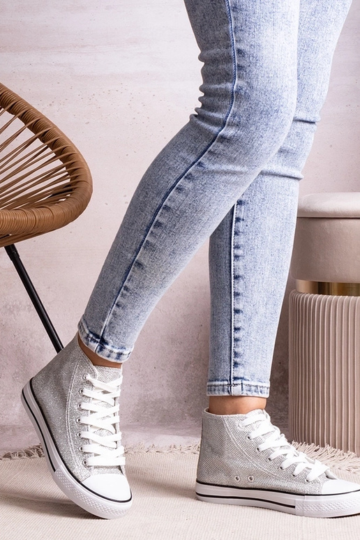 Strieborné vysoké tenisky z lesklej...