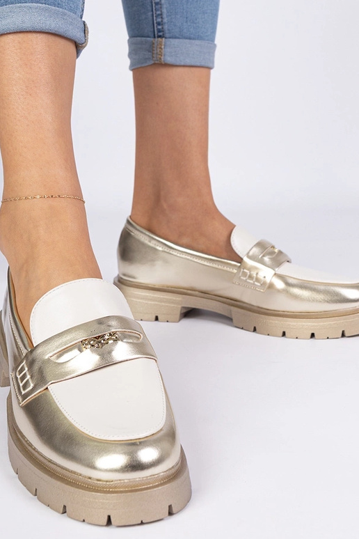 Zlaté dámske mokasíny s bielym...