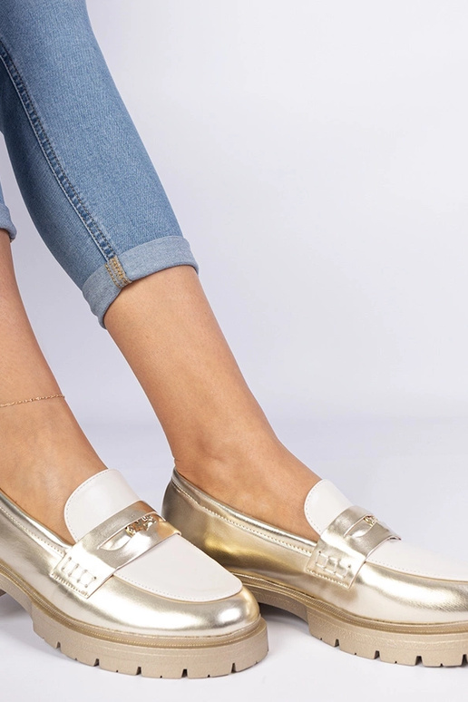 Zlaté dámske mokasíny s bielym...