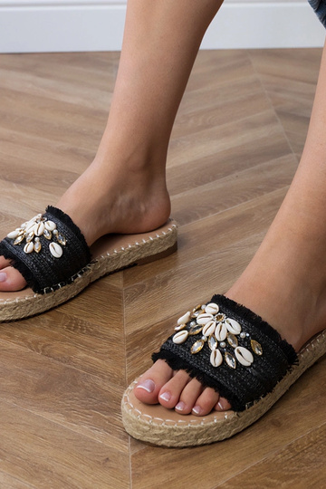 Čierne espadrilové šľapky s mušľami, „Morsa"