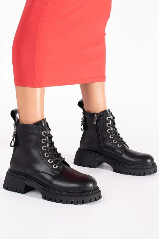 Kožené čierna zviazaný dámske čižmy Kožené čierna zviazaný dámske čižmy