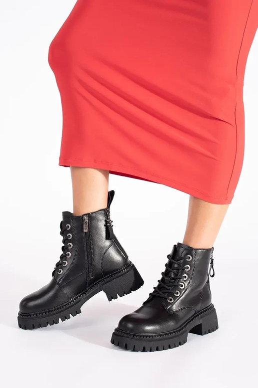 Kožené čierna zviazaný dámske čižmy Kožené čierna zviazaný dámske čižmy