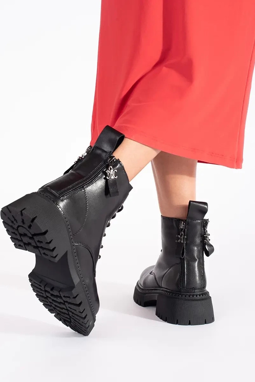 Kožené čierna zviazaný dámske čižmy Kožené čierna zviazaný dámske čižmy