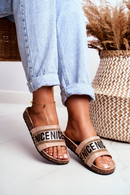 Papuče s trblietavými očkami béžovej farby Be Nice