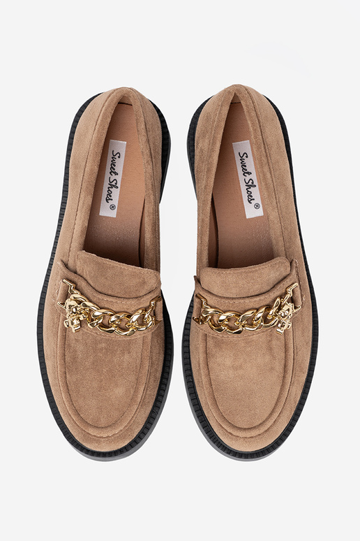 béžová Dámske mokasíny z zlatám łańcuchem.