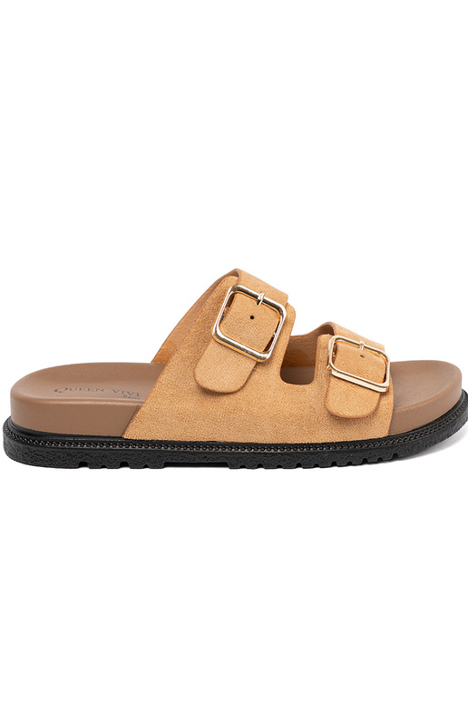 karamelové farby papuče dámske ze zlatámi klamrami