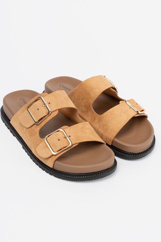 karamelové farby papuče dámske ze zlatámi klamrami