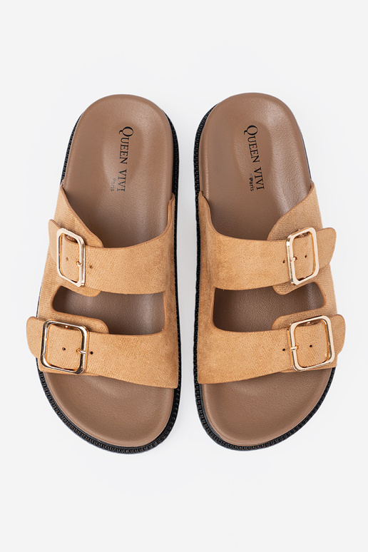 karamelové farby papuče dámske ze zlatámi klamrami