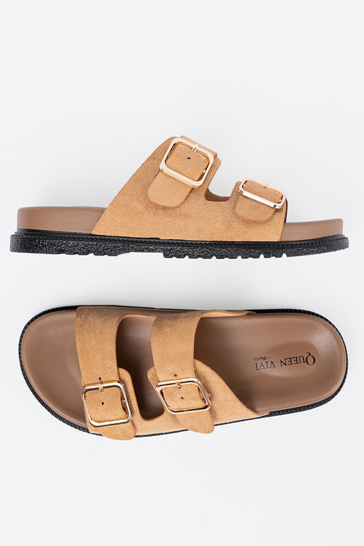 karamelové farby papuče dámske ze zlatámi klamrami