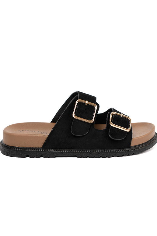 čierna papuče dámske ze zlatámi klamrami