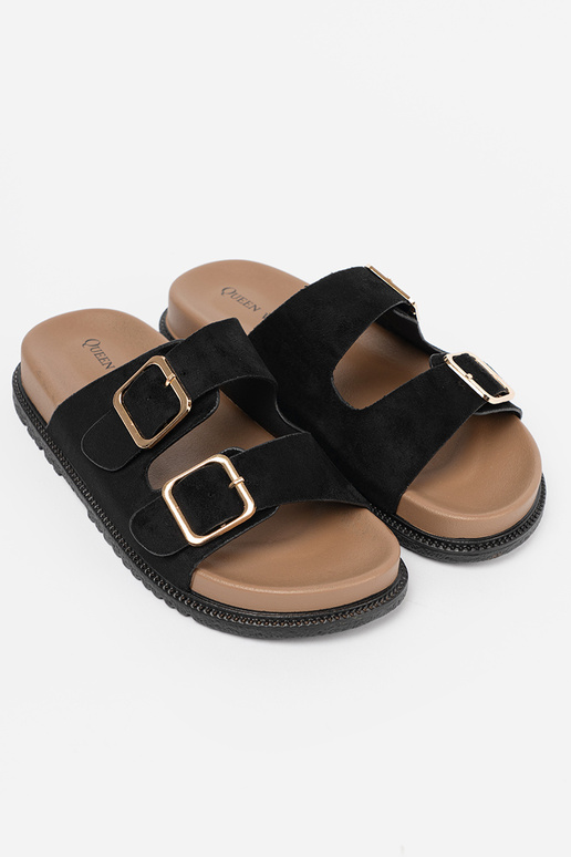 čierna papuče dámske ze zlatámi klamrami