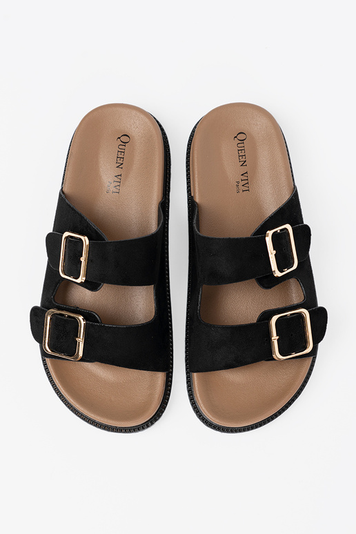 čierna papuče dámske ze zlatámi klamrami