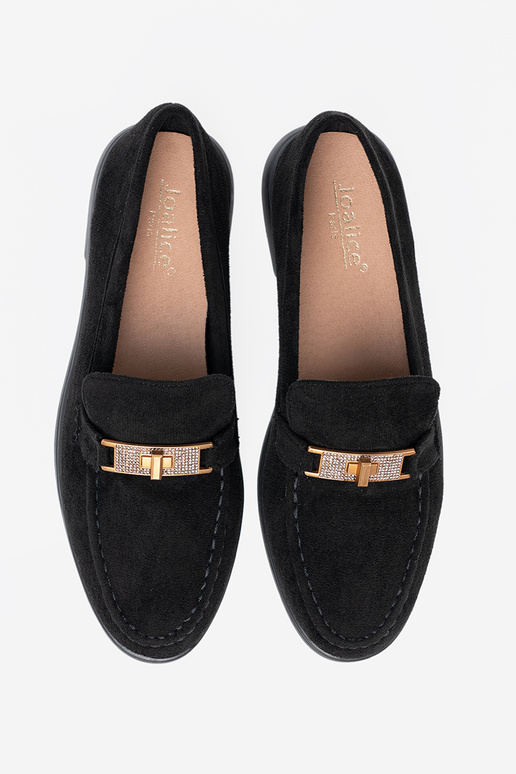 čierna zo semišu Dámske mokasíny z elegancką złotą ozdobą