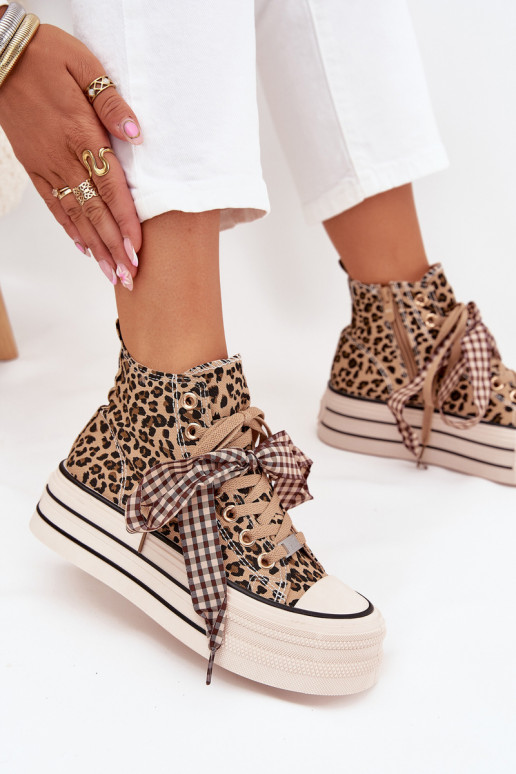 Bežná obuv so stuhami na stuhách I Zamkiem s platformou so vzormi leopardej kožušiny Mávara
