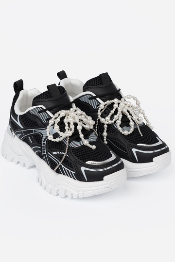 čierna Tenisky z białą kokardą i koralikami
