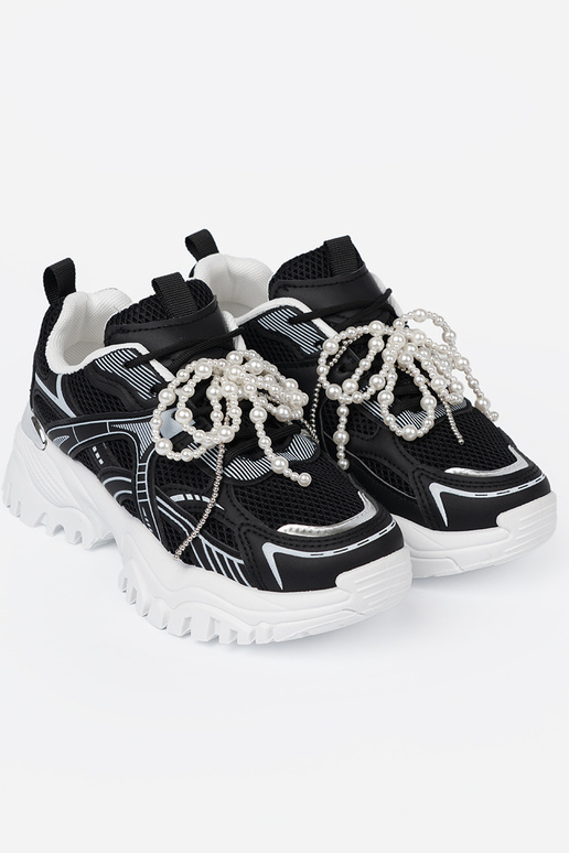 čierna Tenisky z białą kokardą i koralikami