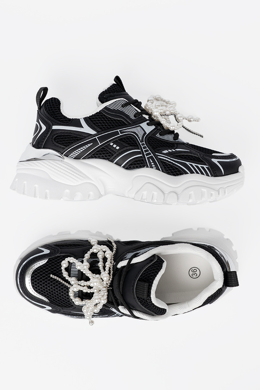 čierna Tenisky z białą kokardą i koralikami