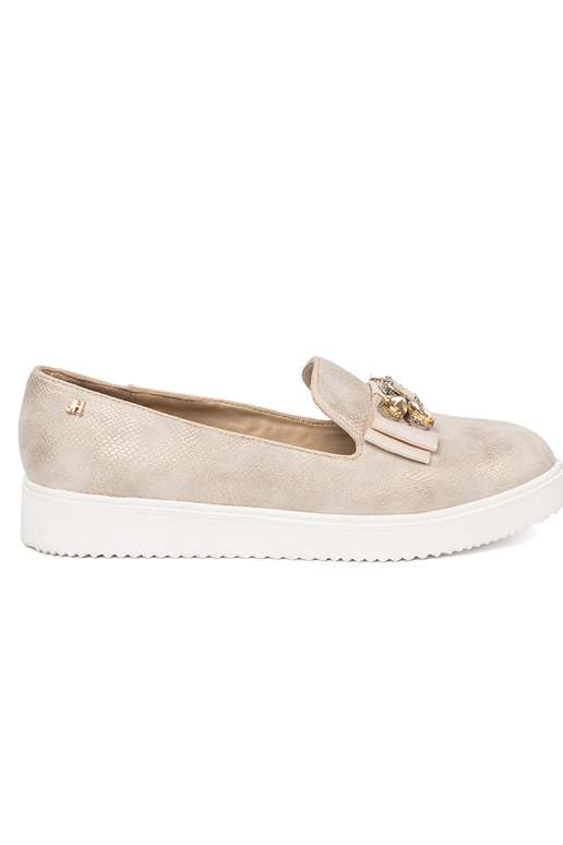 zlatej farby Dámske mokasíny z biżuteryjnym detalem na przodzie