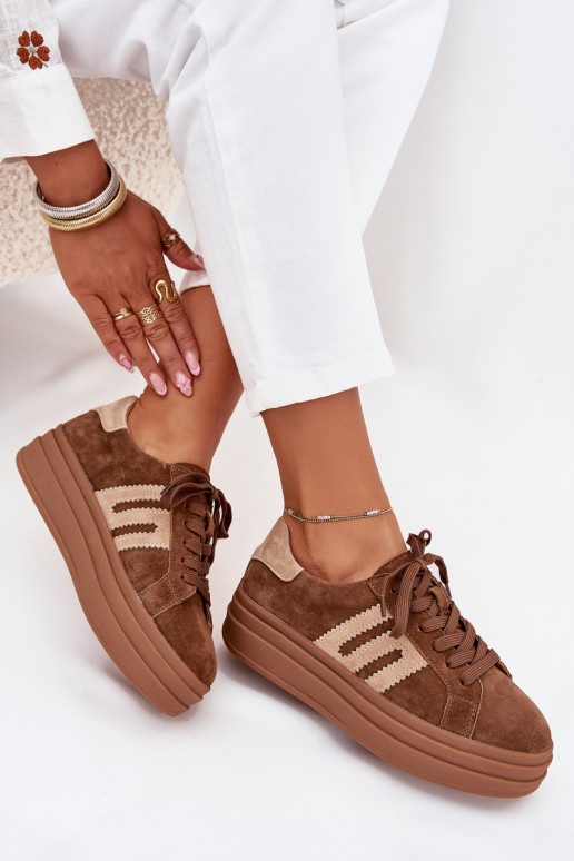 Tenisky model obuvi Dámske s platformouZapnutéturalnego zo semišuu Hnedá farba Eldira Tenisky model obuvi Dámske s platformouZapnutéturalnego zo semišuu Hnedá farba Eldira