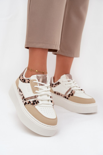 Dámske biele-pieskové sneakers štýlu topánky s platformou Big Star SS274357 s leopardím kožuchom