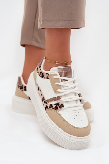 Dámske biele-pieskové sneakers štýlu topánky s platformou Big Star SS274357 s leopardím kožuchom 2