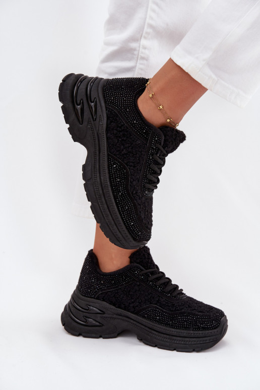 Tenisky model obuvi Dámske s trblietavými otvormi a kožušiny Typu Baranek čierna Zarika