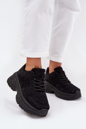 Tenisky model obuvi Dámske s trblietavými otvormi a kožušiny Typu Baranek čierna Zarika 2