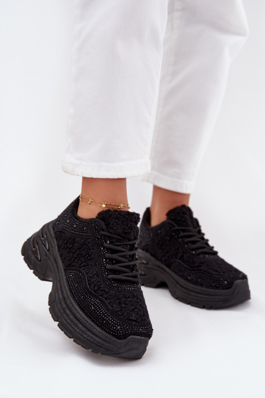Tenisky model obuvi Dámske s trblietavými otvormi a kožušiny Typu Baranek čierna Zarika