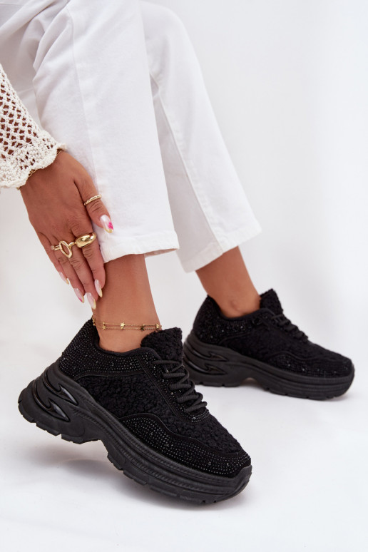 Tenisky model obuvi Dámske s trblietavými otvormi a kožušiny Typu Baranek čierna Zarika