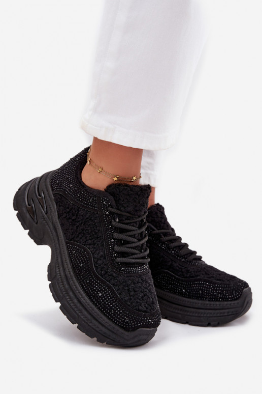 Tenisky model obuvi Dámske s trblietavými otvormi a kožušiny Typu Baranek čierna Zarika