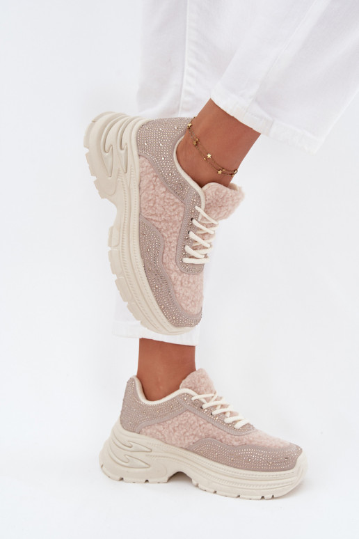 Tenisky model obuvi Dámske s trblietavými otvormi a kožušiny Typu Baranek slonovina Zarika